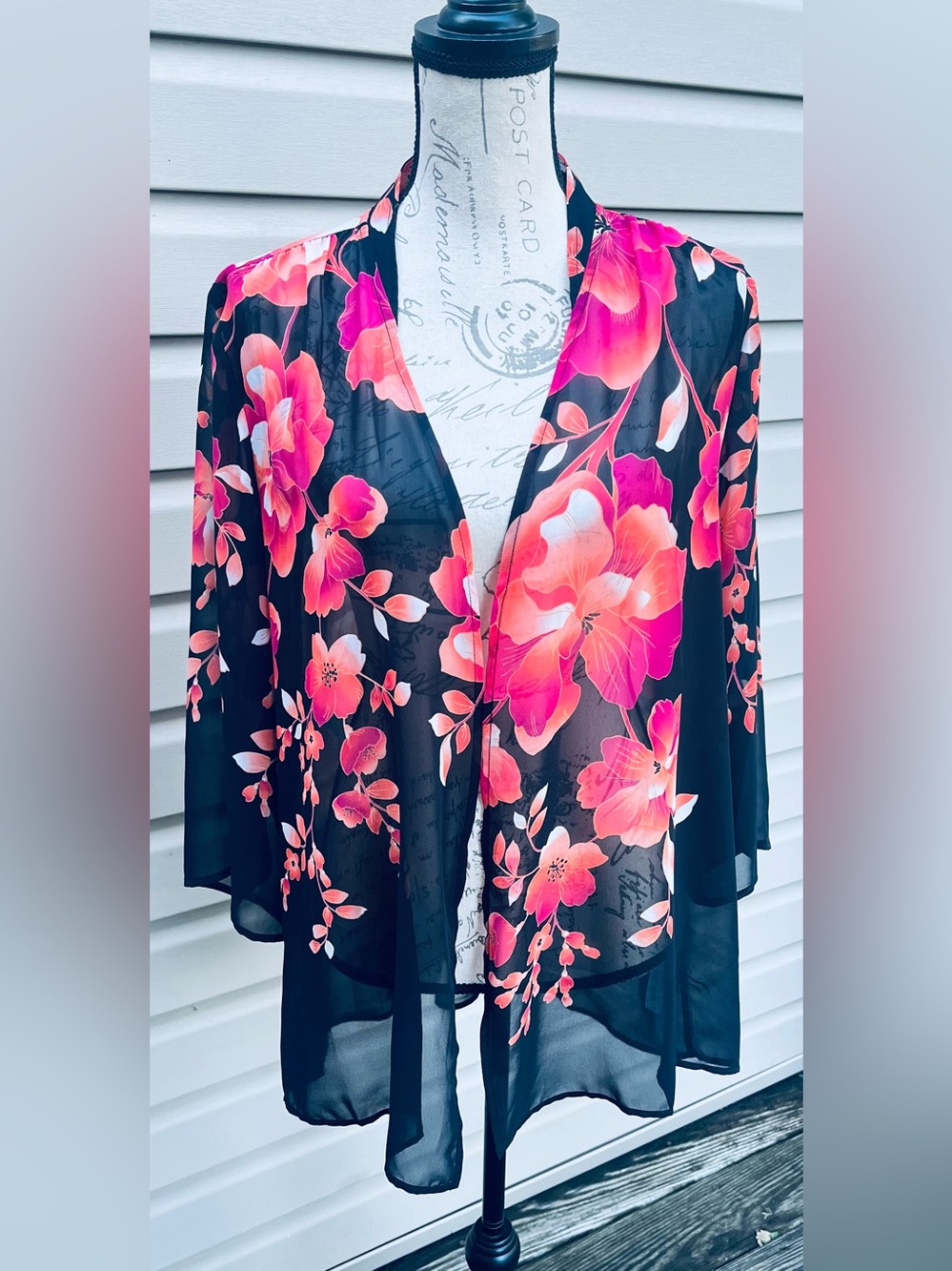 Susan Graver Black Floral Sheer Kimono with Pink & Coral Blooms